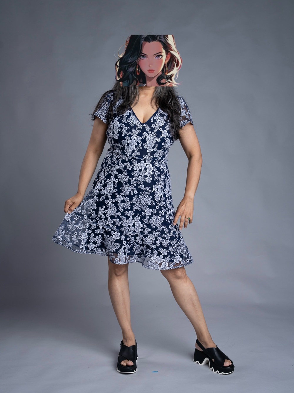 Michael Kors Navy Floral Fit-and-Flare V-Neck Dress